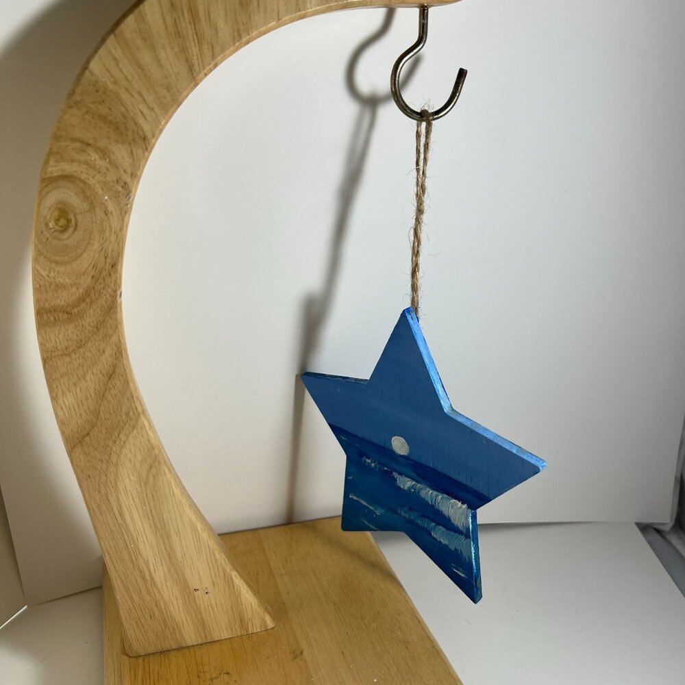 Hand-Painted Wooden Star Ornament Ocean Moon Scene - Picture 2 of 3